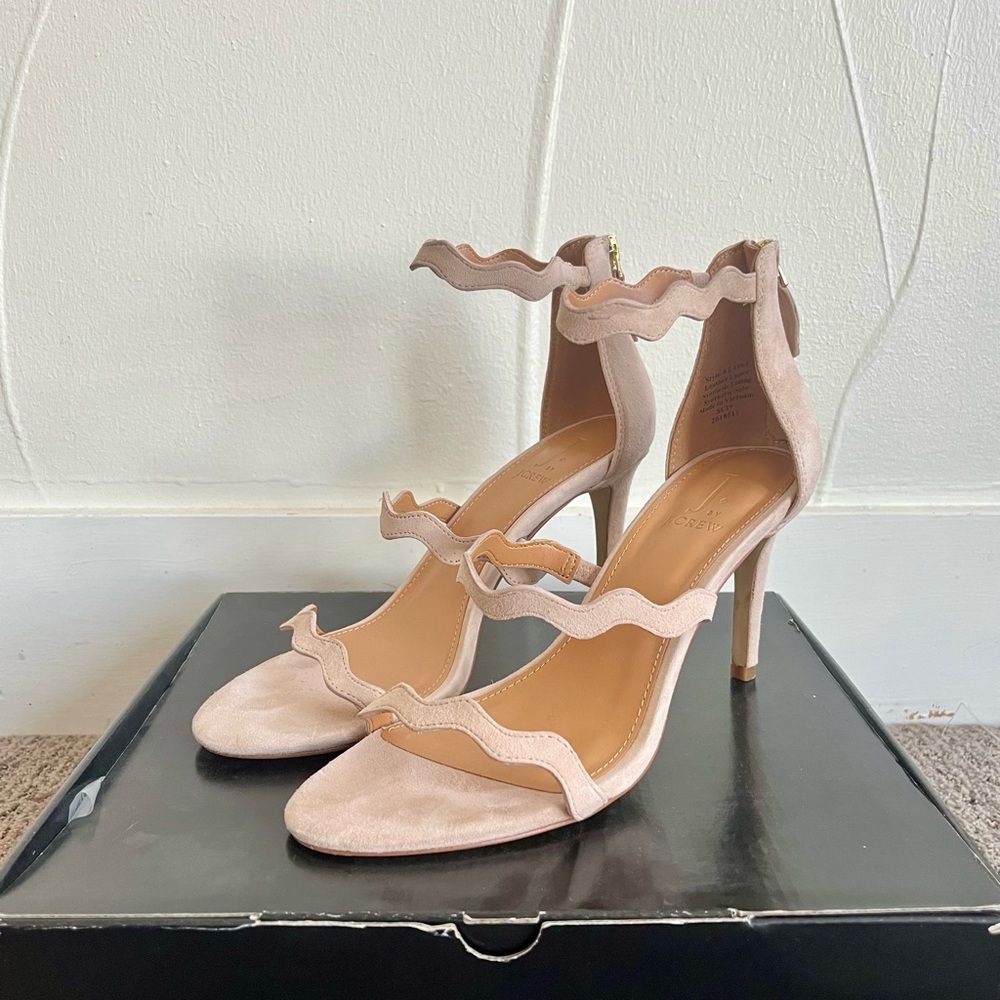 J. Crew Three-Strap Scallop Suede Heels size 8